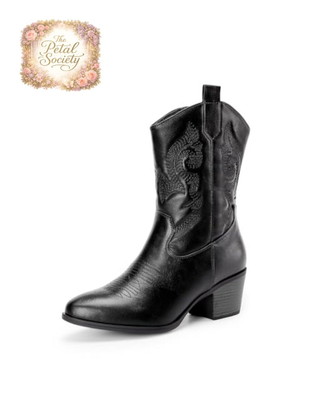 Mid Calf Western Cowboy Boots Faux Leather Cuban Heel Women's